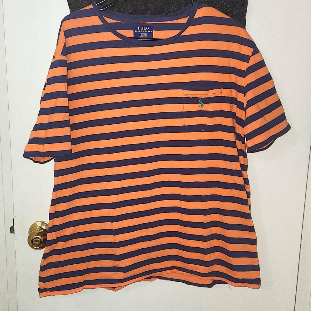 Polo Ralph Lauren Navy And Orange Stripe Crewneck T-Shirt with Green Logo